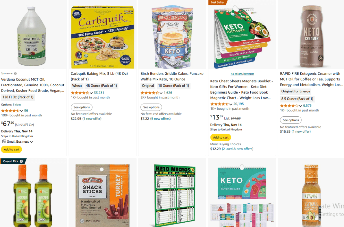 Keto-friendly snacks and supplements with low-carb nutrition information