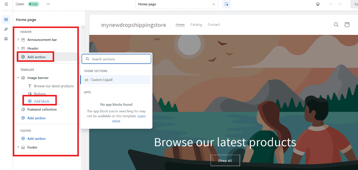Example of e-commerce store builder interface with food product templates