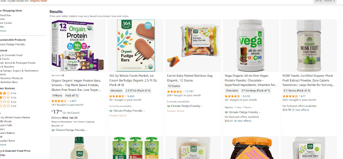 Selection of organic food products with natural ingredient certification